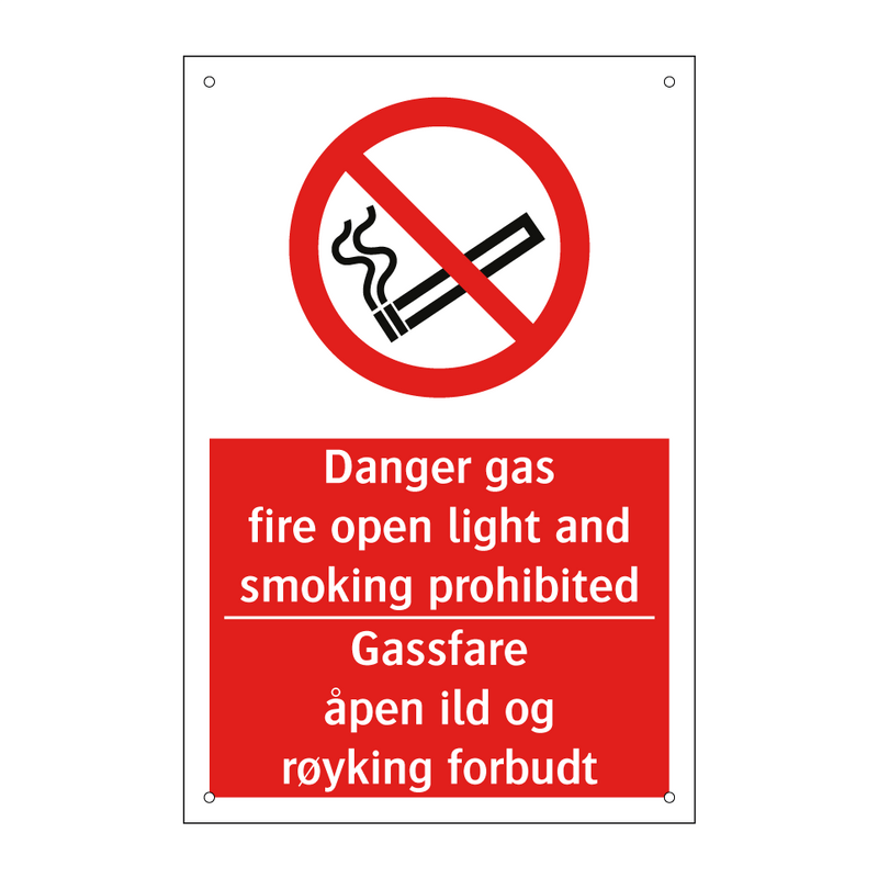 Gas danger fire open light and smoking prohibited Gassfare åpen ild og røyking forbudt